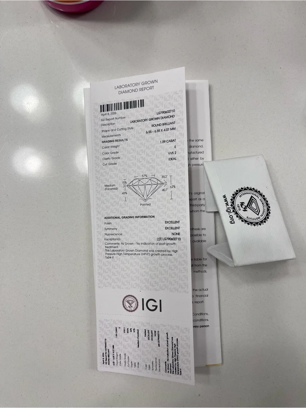 1.09 Carat Round Lab Grown Diamond